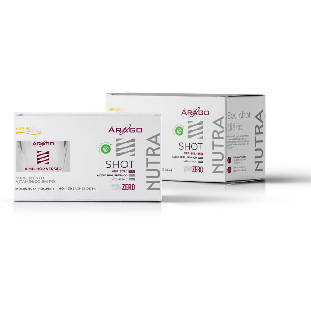 &Aacute;ragoShot - Col&aacute;geno Verisol , Vitamina C e &Aacute;cido Hialur&ocirc;nico - 90g 30 sach&ecirc;s 